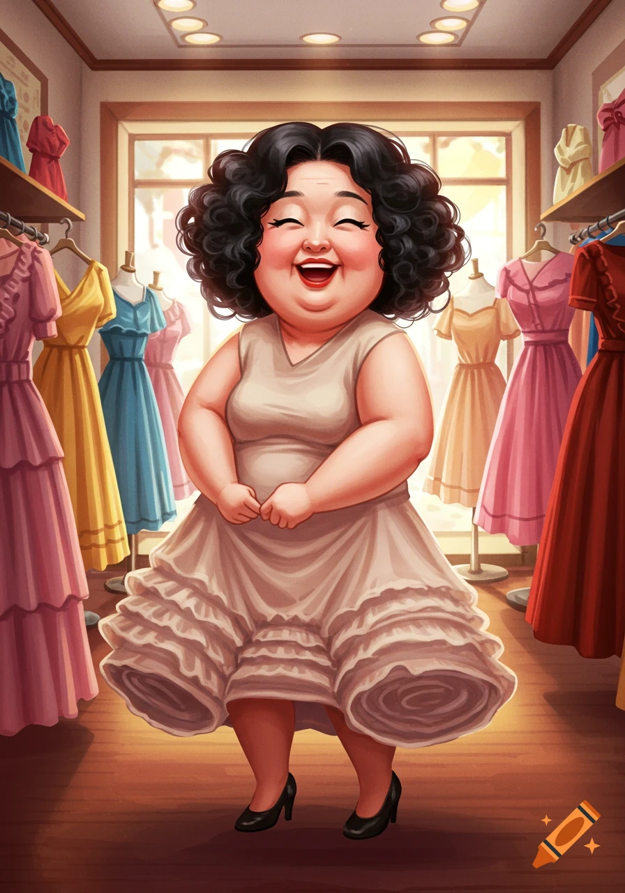 A stylized cartoon of a smiling, chubby woman with curly black hair wearing a light-colored petticoat dress in a clothing store filled with colorful dresses.