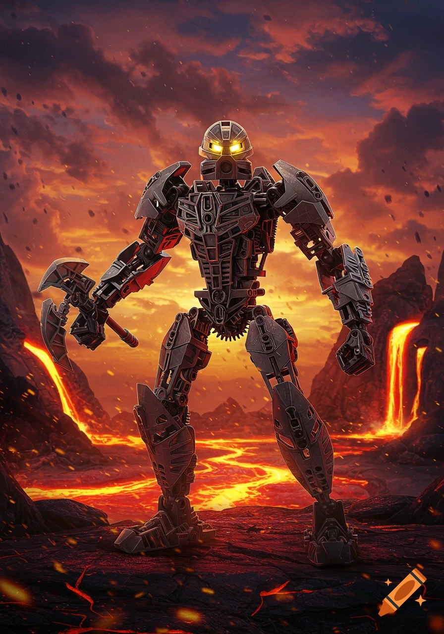 A detailed dark grey Bionicle robot with glowing yellow eyes stands in a vibrant volcanic landscape with flowing lava and a fiery orange sky, holding an axe.