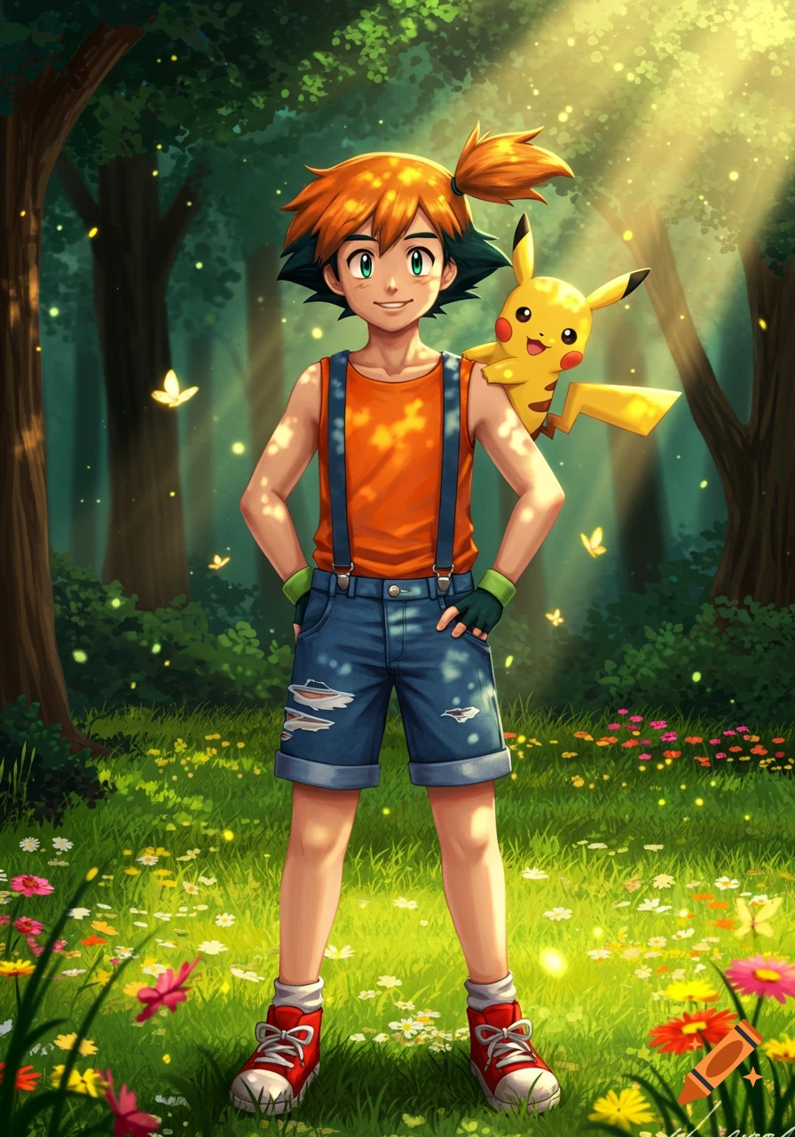 Ash Ketchum dressed as Misty, with Pikachu on his shoulder, smiles in a sunlit forest clearing with wildflowers in an anime style.