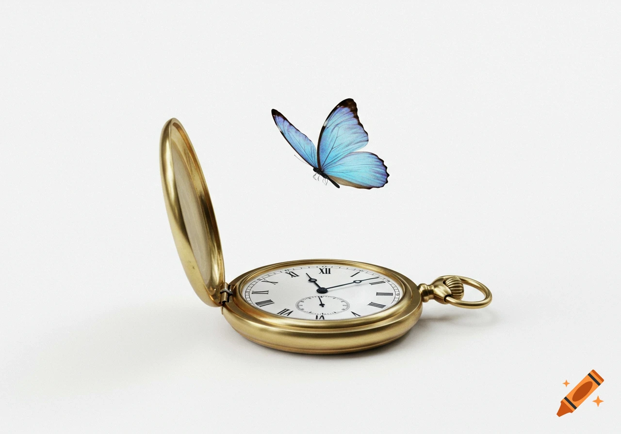 Golden open pocket watch with Roman numerals and a blue butterfly hovering above it on a white background.