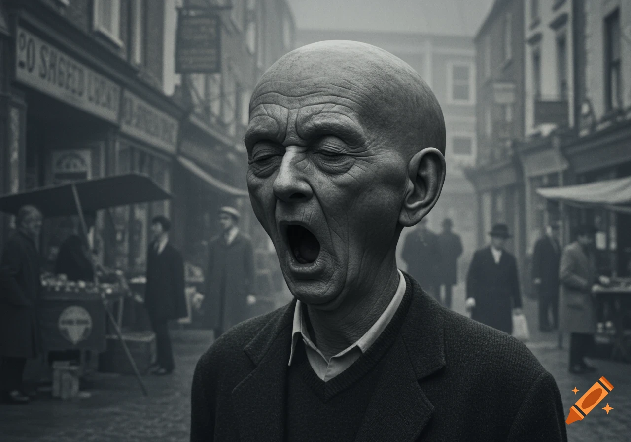 Hyperrealistic monochrome photo of an elderly man with a spherical head yawning in a 1970s British high street.