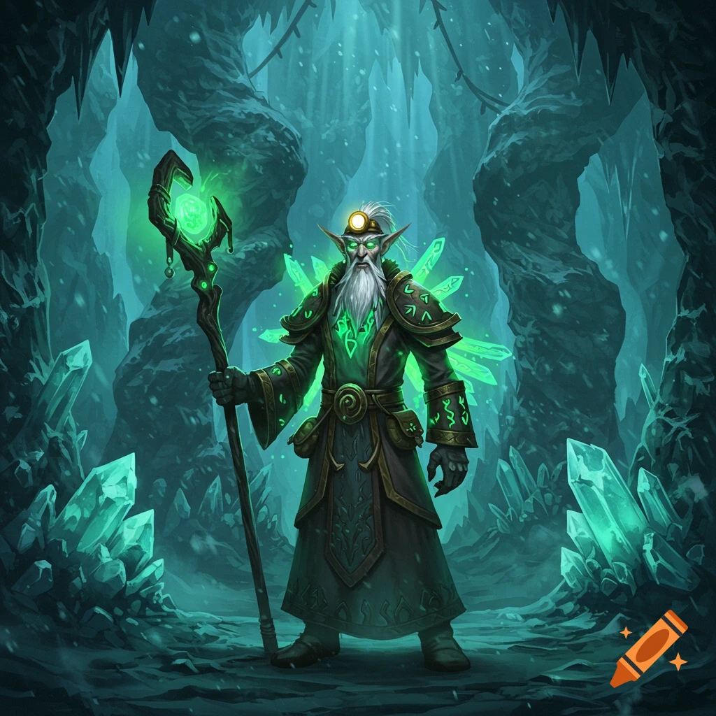 A computer-animated snow-elf wizard with a glowing green staff and runed robes stands in an eerie crystal cave.