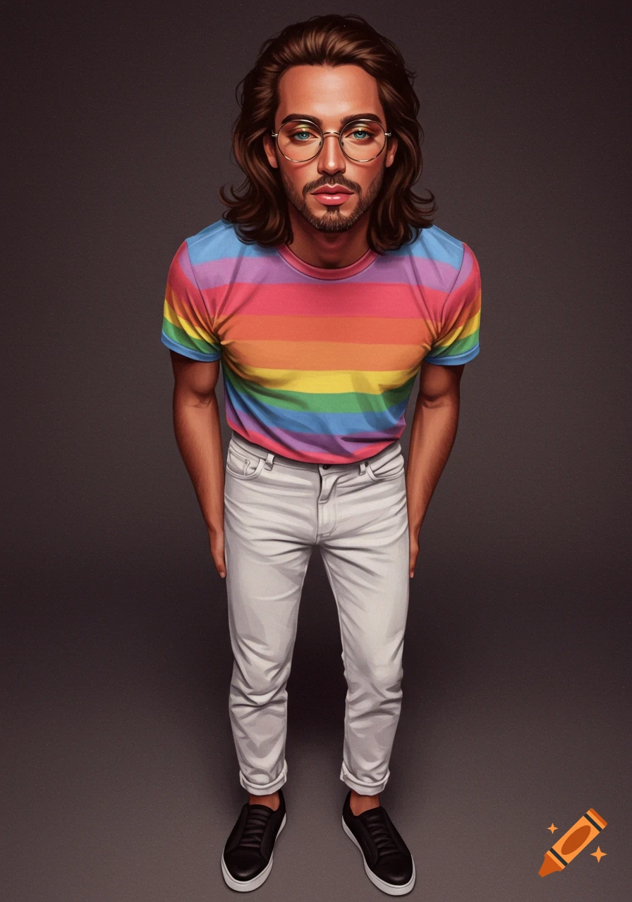 Digital illustration of a man with long hair, glasses, and a beard, wearing a rainbow t-shirt and light jeans.