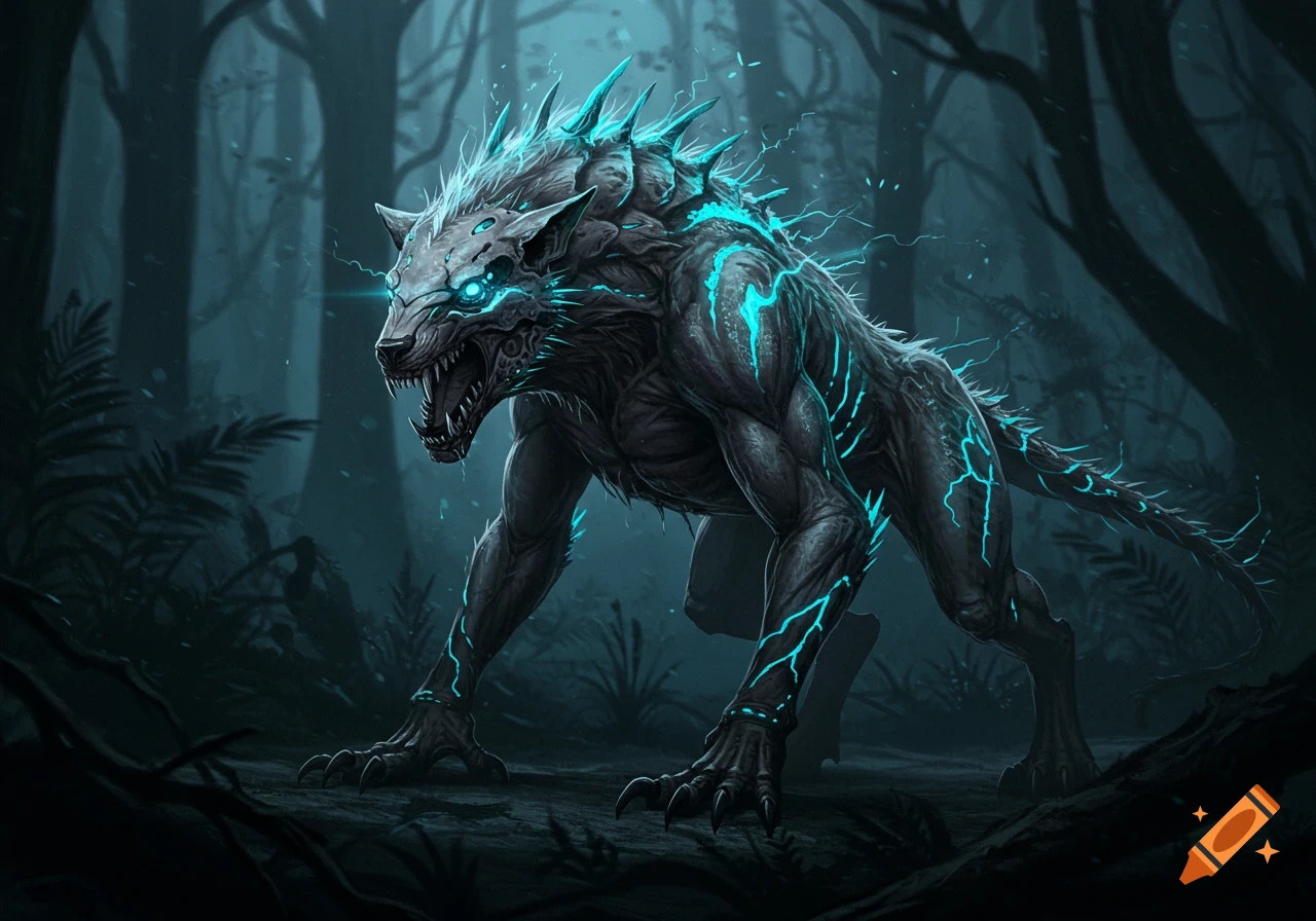 A menacing, dark alien wolf-like creature with glowing blue eyes and bioluminescent patterns on its body stands in a dim, eerie forest.