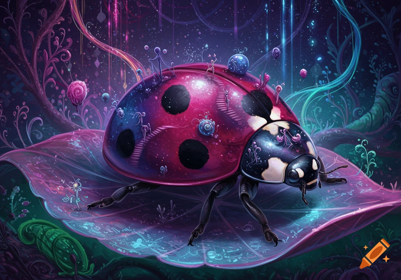 Vibrant, surreal pink, purple, and blue ladybug with tiny figures on its back, resting on a glowing leaf in a fantastical forest.