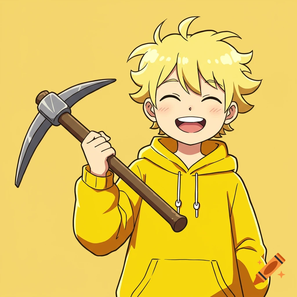An anime boy with light yellow hair, wearing a yellow hoodie, holding a pickaxe in his right hand, smiling, on a solid yellow background.
