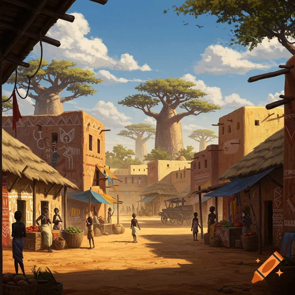 Lively market street in a fictional African village with traditional mud-brick buildings, people, market stalls, and large baobab trees under a blue sky.