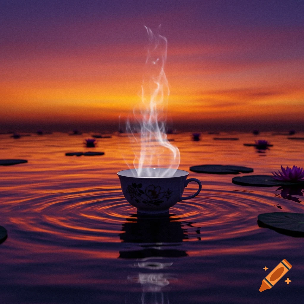 A steaming teacup sits on calm water with lily pads and lotus flowers, reflecting a vibrant sunset sky.