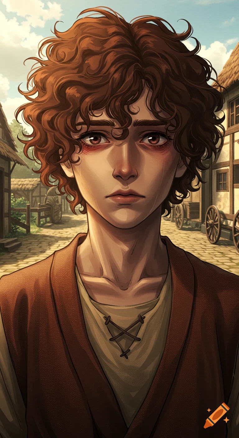 Anime style portrait of a young person with curly brown hair and a tragic expression in a village setting.