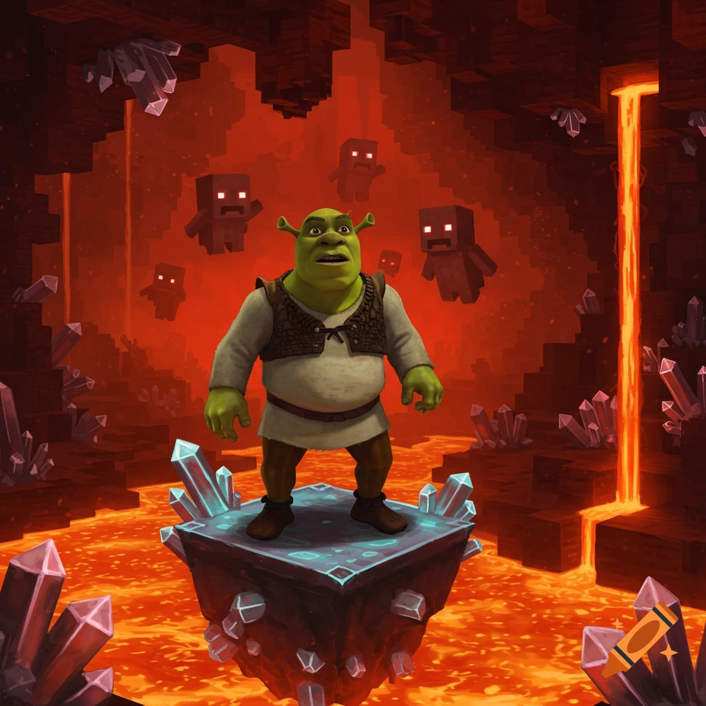 Shrek stands on a floating stone block in a lava-filled Minecraft Nether cave, surrounded by blocky red-eyed creatures.