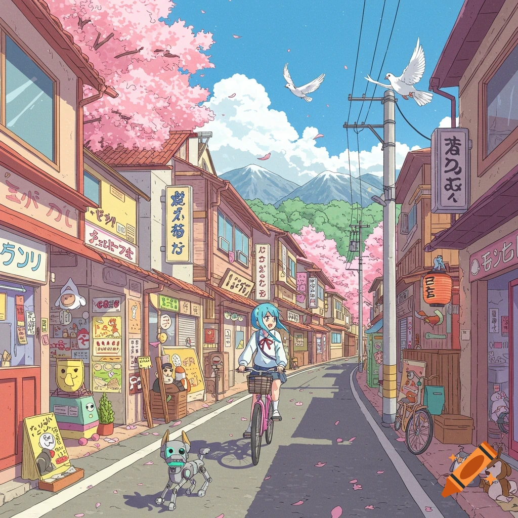 Anime girl on a pink bicycle with a robot dog on a cherry blossom-lined Japanese street, featuring traditional shops and distant mountains.