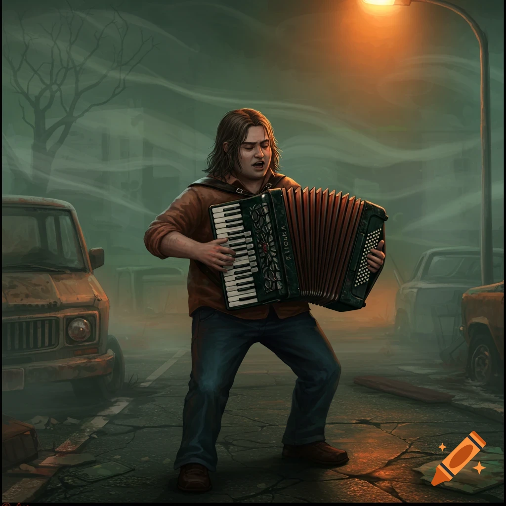 An illustrated man with long hair plays an accordion and sings in a gloomy, fog-filled, post-apocalyptic street.