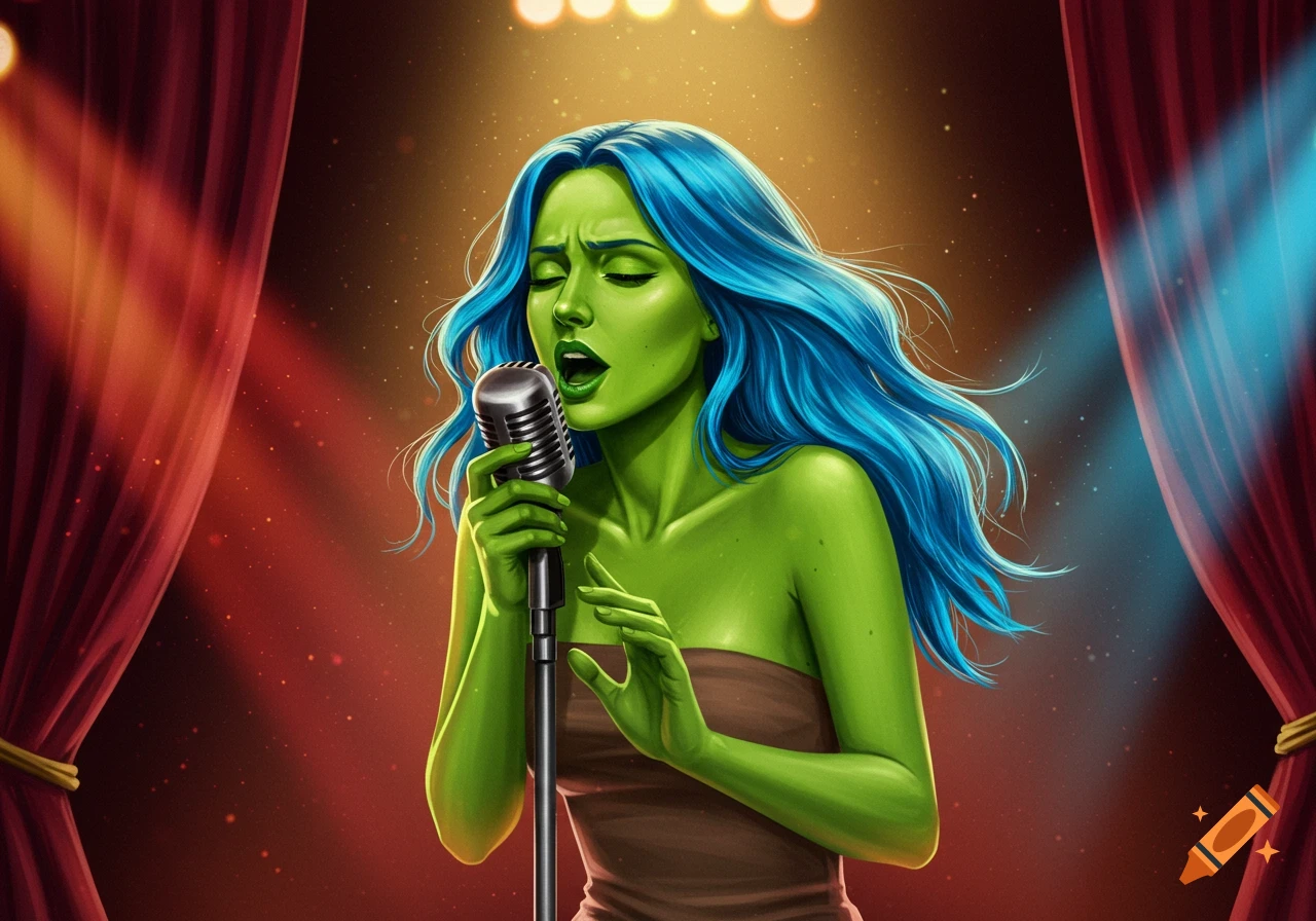 A vibrant illustration of a woman with lime green skin and blue hair singing into a vintage microphone on a stage with red curtains under spotlights.