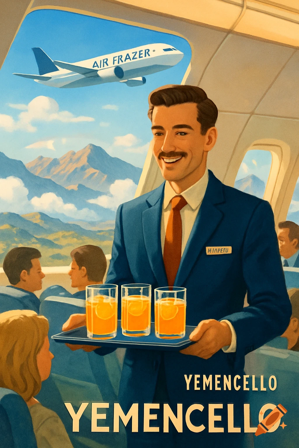 A vintage-style illustration of a smiling male flight attendant serving drinks on an 'Air Frazer' plane flying over mountains. Text reads 'YEMENCELLO'.