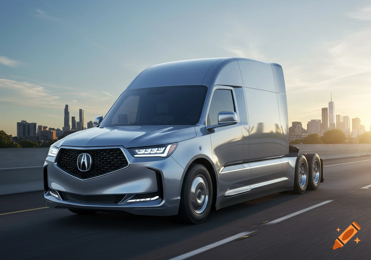 A photorealistic silver Acura semi-truck cab drives on a highway with a city skyline in the background at sunset.