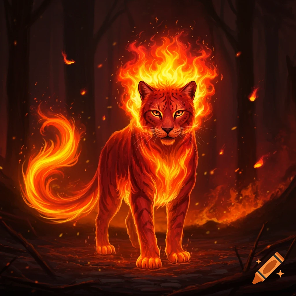 A majestic cat with a fiery mane and tail stands in a dark, burning forest with glowing embers.