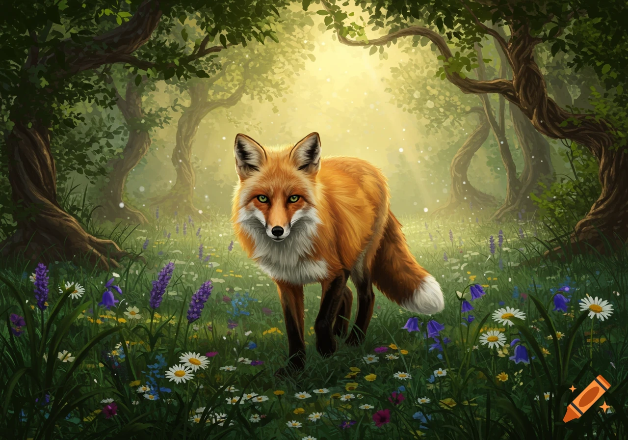 An orange fox with green eyes stands in a vibrant, sunlit fantasy forest clearing with colorful wildflowers.