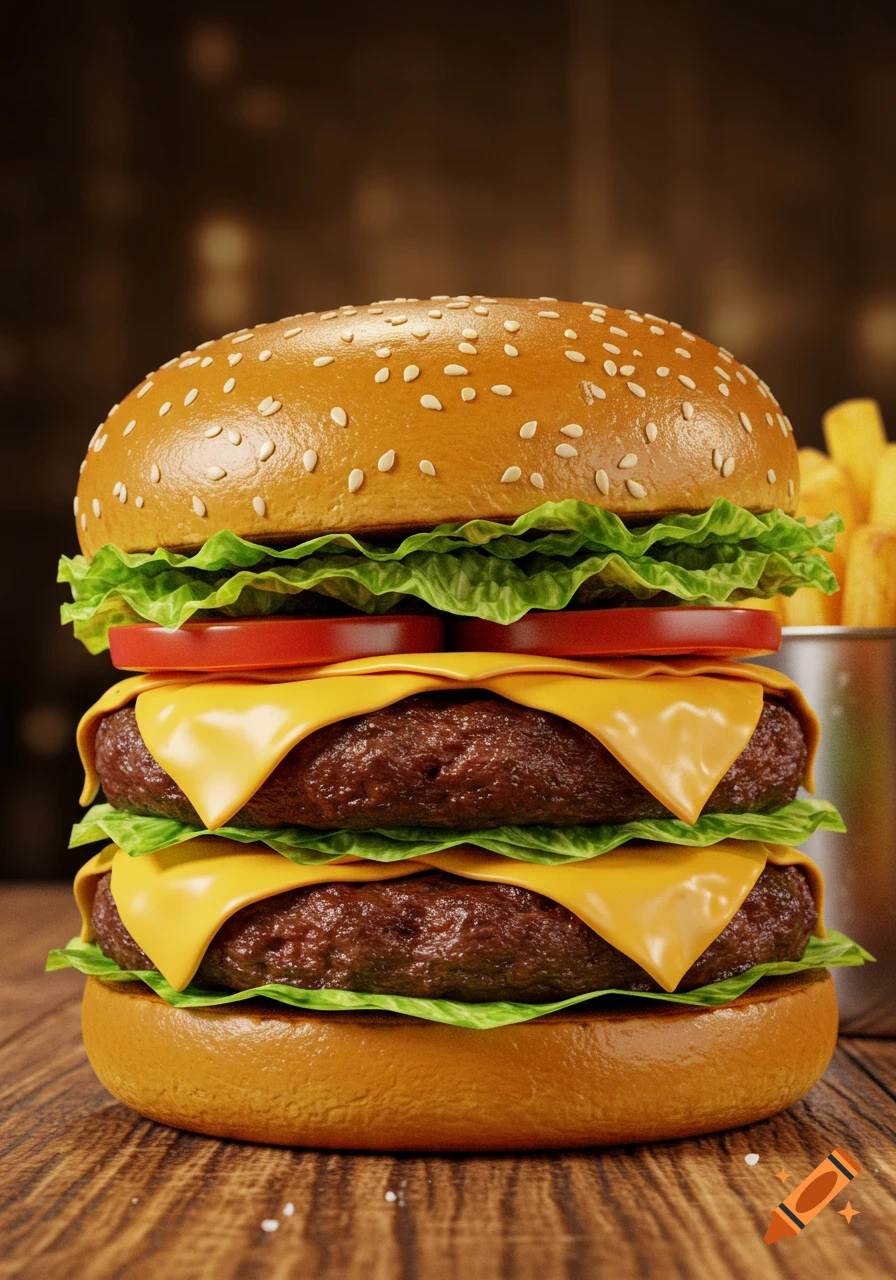 Close-up, photorealistic double cheeseburger with lettuce, tomato, and sesame bun on a wooden table, with blurred fries in background.