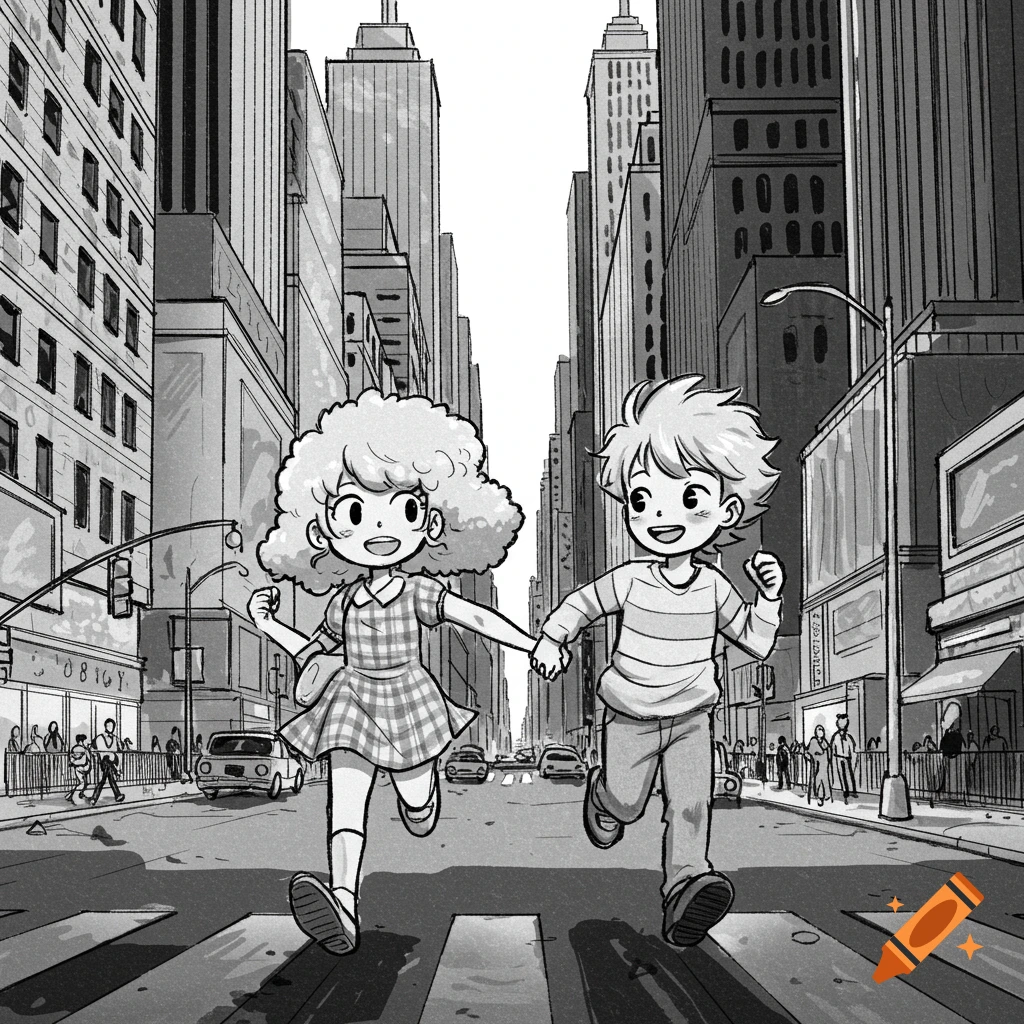 A blonde girl and boy with big hair run hand-in-hand across a black and white cityscape in a graphic, linework style.
