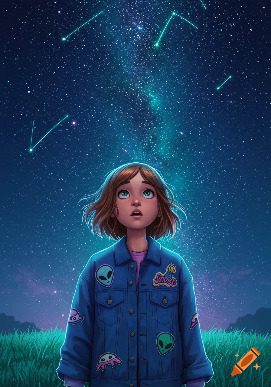 An illustration of a young girl with brown hair looking up at a vibrant starry night sky. She wears a denim jacket adorned with alien patches.