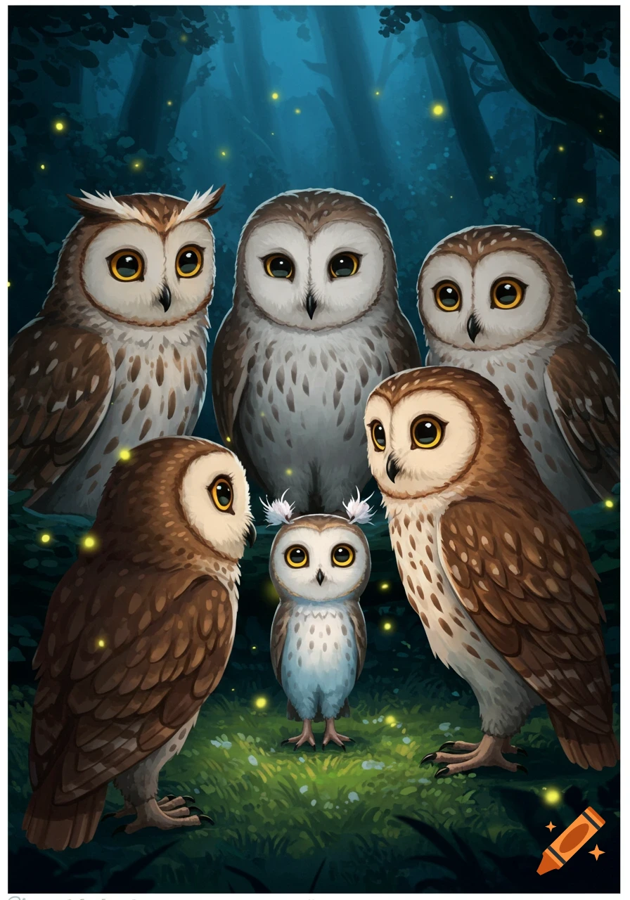 A group of five cartoon owls gaze at a tiny baby owl in a dark, firefly-lit forest. Stylized illustration.