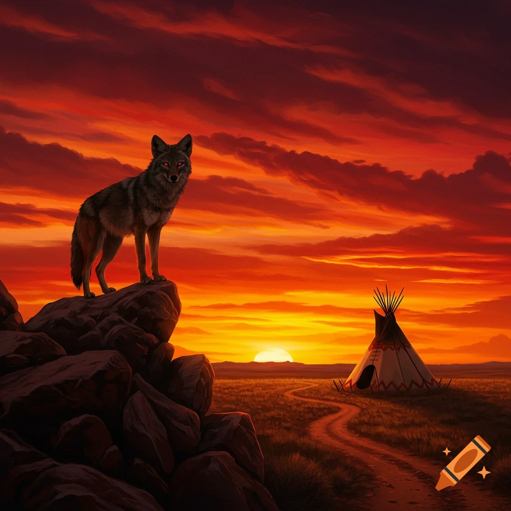 An illustration of a coyote with glowing red eyes on a rocky outcrop at sunset, with a teepee and path in a vast landscape.