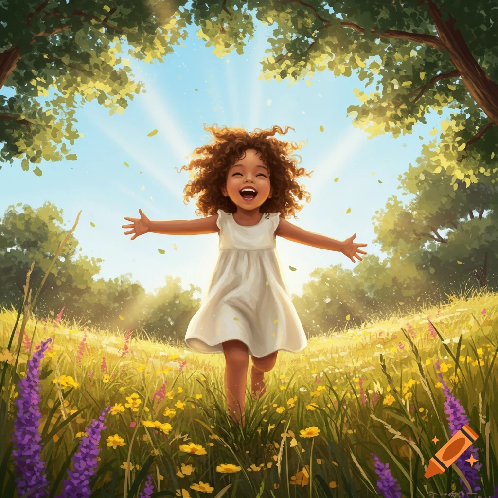 A happy child with curly hair runs through a sunny, vibrant meadow filled with wildflowers, arms outstretched in an illustration.