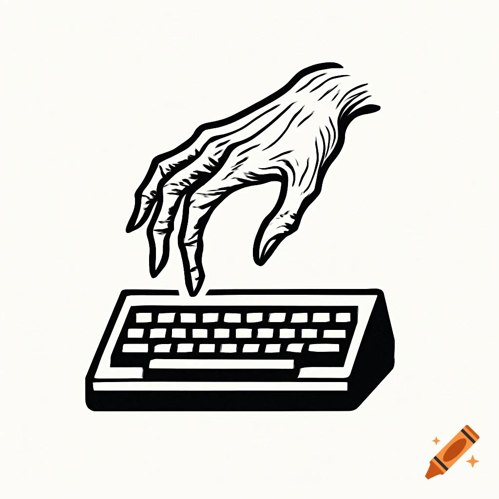 Black and white logo of a withered, skeletal hand hovering over a computer keyboard.