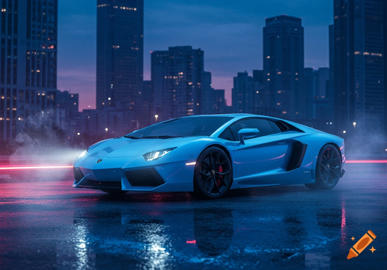 A vibrant blue Lamborghini sports car parked on a wet street at night, with a blurred city skyline in the background.