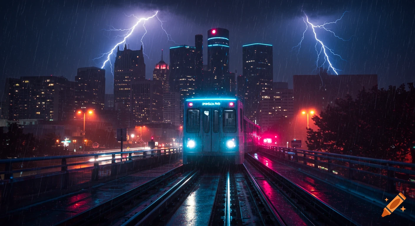 A neon synthwave train on elevated tracks in a rainy city at night, illuminated by lightning and bright lights.