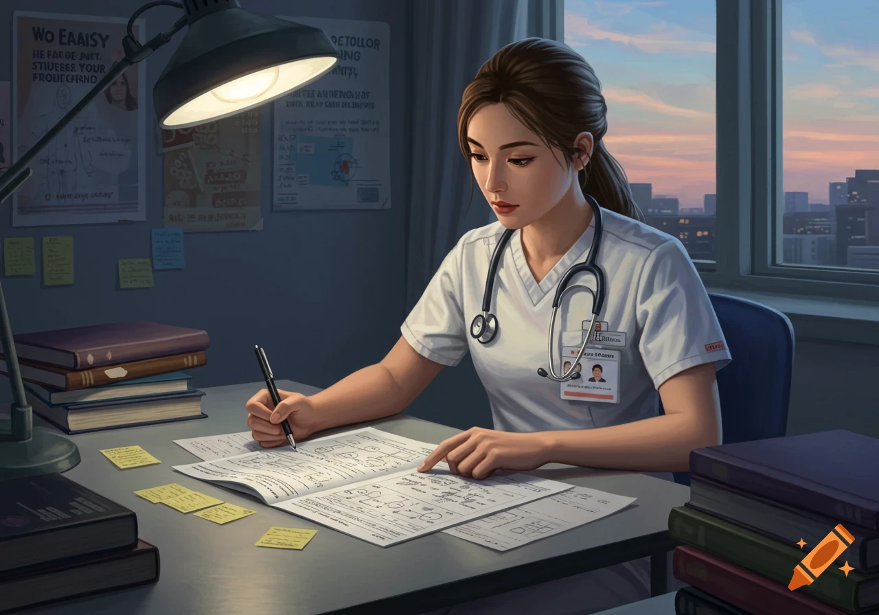 A focused nursing student with a stethoscope studies at a desk filled with papers and books, under a lamp, with a city skyline visible outside her window.