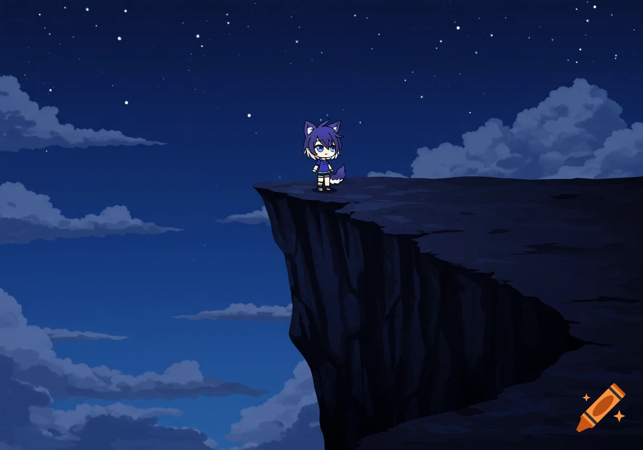 A Gacha style anime character with wolf ears and a tail stands on a dark cliff edge under a starry night sky with clouds.
