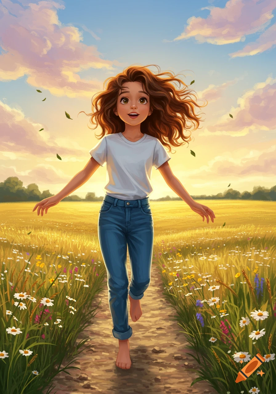 Illustrated young girl with flowing brown hair running barefoot through a field of wildflowers at sunset.