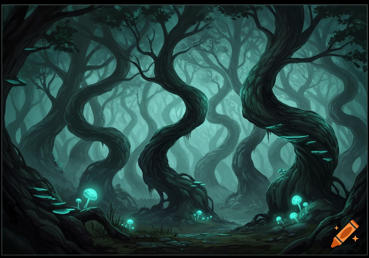 Eerie fantasy forest with twisted trees and glowing blue mushrooms.