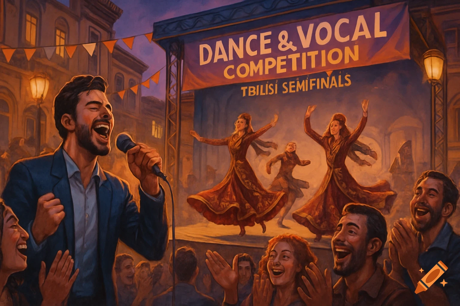 An energetic singer performs on an outdoor stage with dancers behind, cheered by a large crowd at a Tbilisi competition.