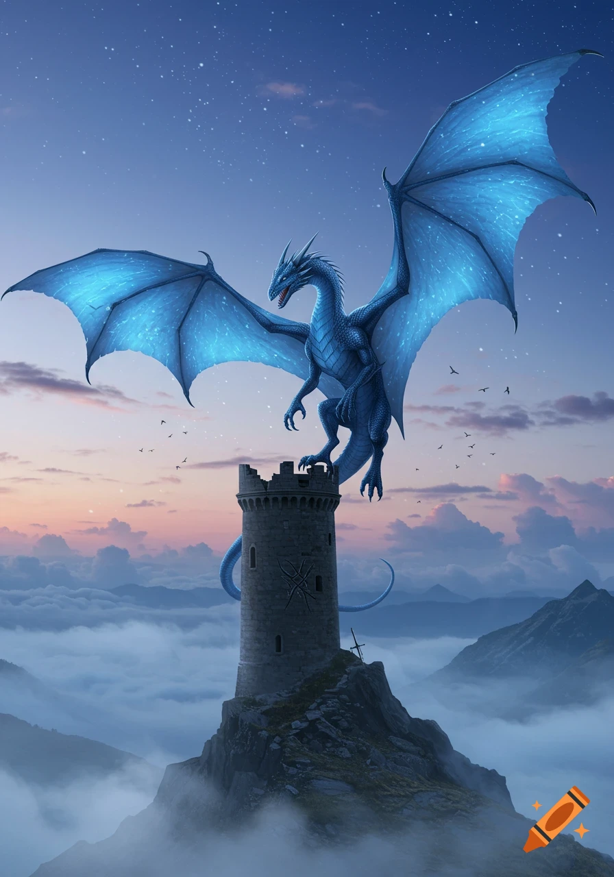 A majestic blue dragon with glowing wings perched atop a ruined stone tower, high above clouds and mountains at sunset.