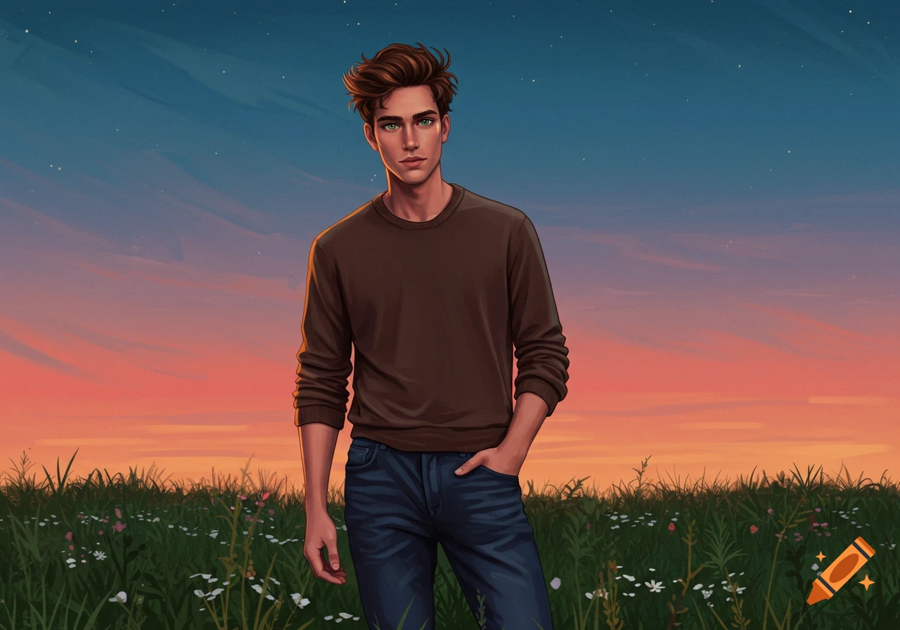 An illustrated young man with brown hair and green eyes in a brown shirt and jeans stands in a grassy field at sunset.