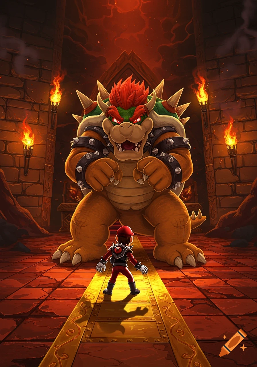 Illustration of a small Mario facing a giant Bowser in a fiery, torch-lit castle dungeon.