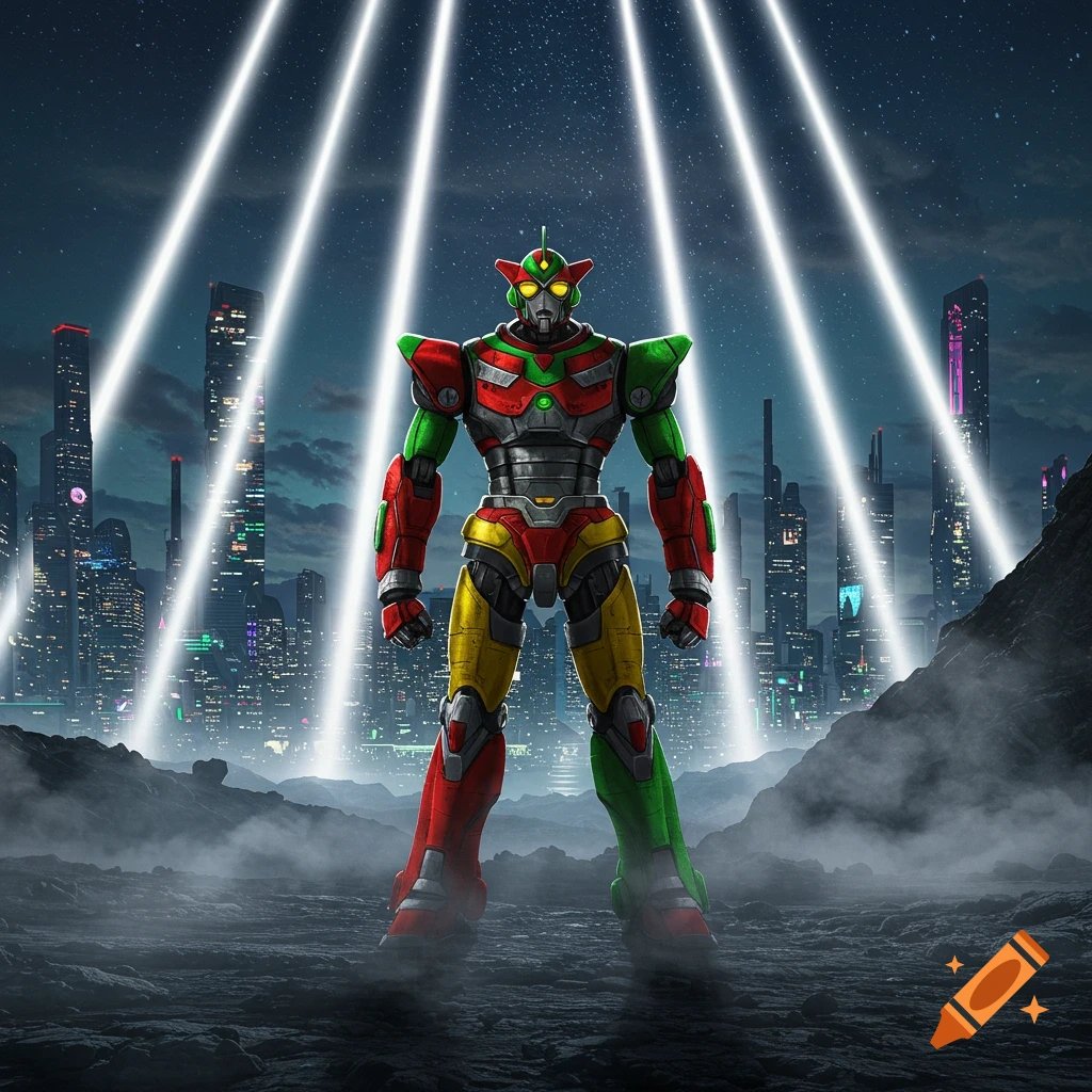 A colorful red, green, and yellow robot stands on a rocky ground before a futuristic city skyline with bright searchlights at night.