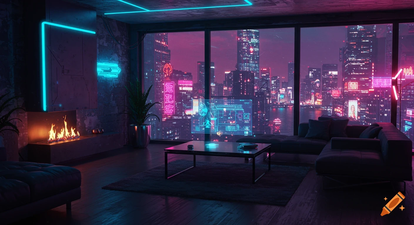 A cyberpunk living room with blue and pink neon lights, a fireplace, and a city view with glowing skyscrapers at night.