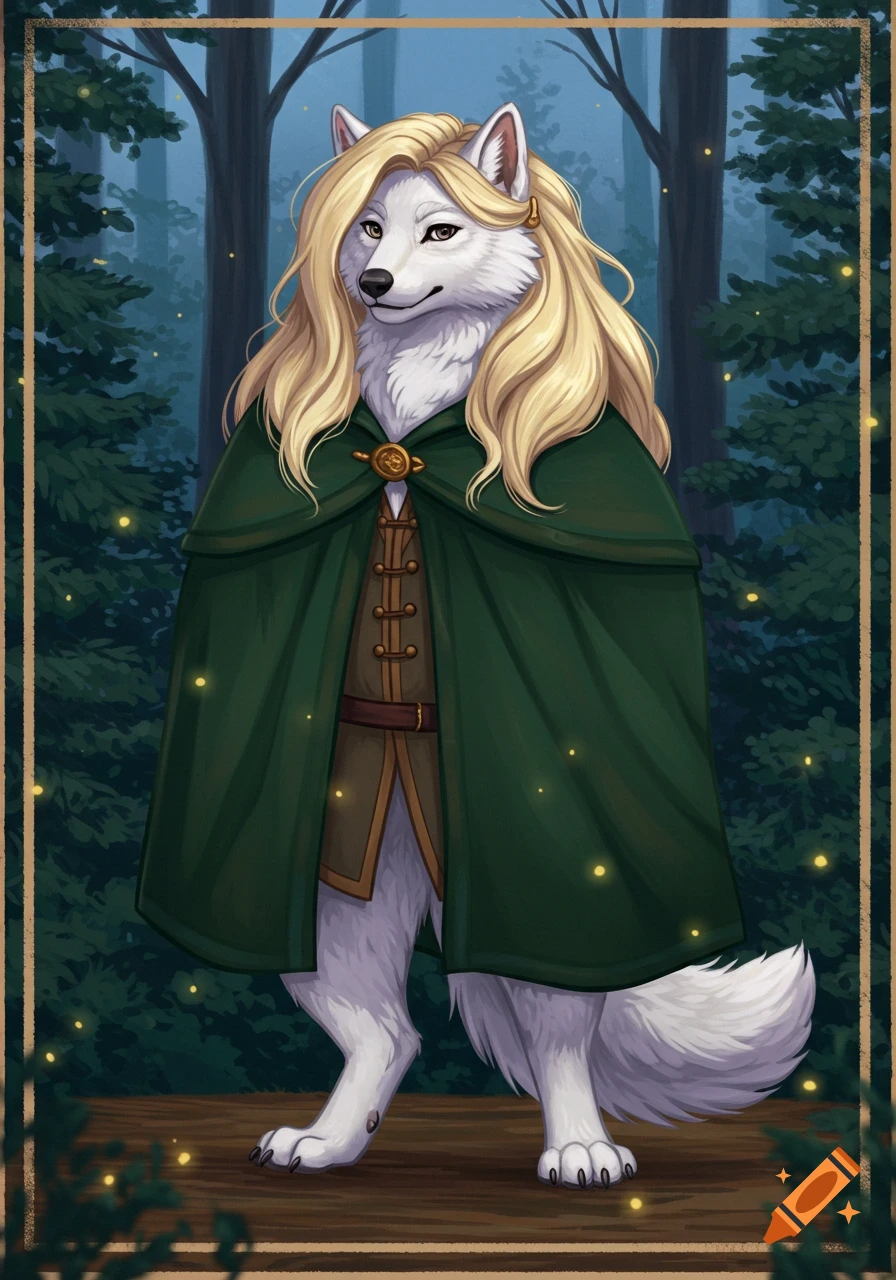 An anthropomorphic white wolf with long blonde hair, dressed in a green cape and tunic, stands in an enchanting forest with glowing lights.