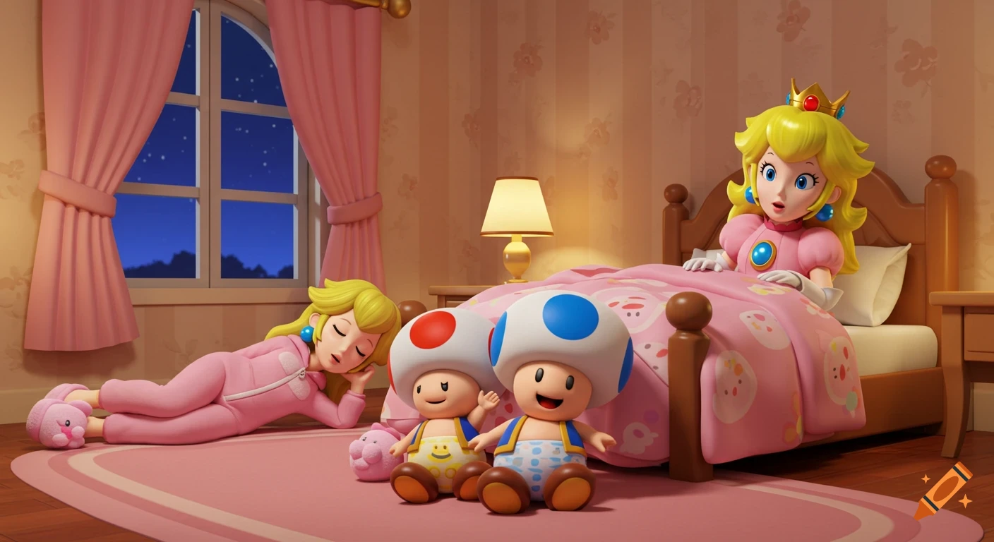 Princess Peach in a pink onesie sleeps on the floor, while another Peach is in bed. Two baby Toads sit on the rug.