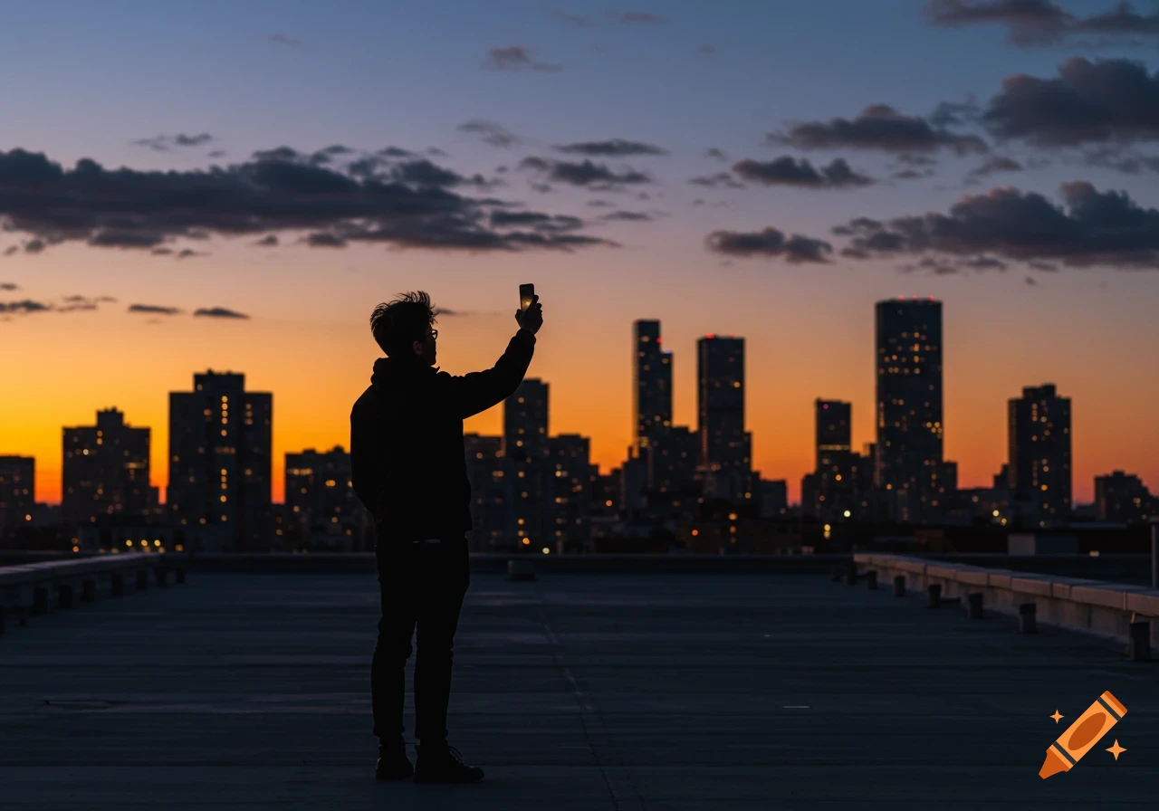 A person silhouetted against a vibrant sunset cityscape, holding up a smartphone to take a photo from a rooftop.