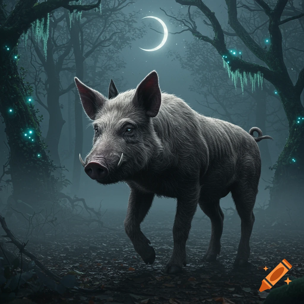 A photorealistic grey boar-like mutant creature with glowing blue eyes in a mystical, misty forest at night under a crescent moon.