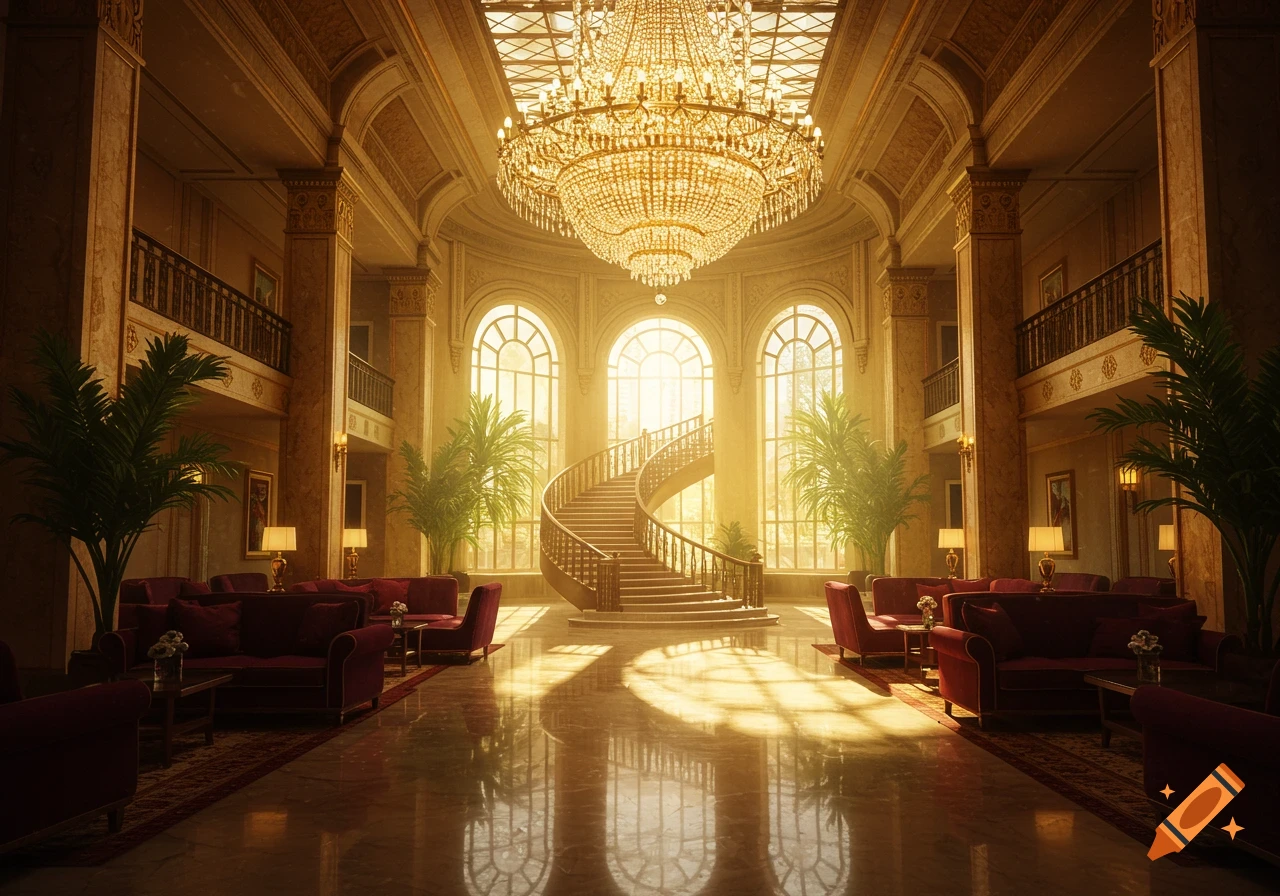 A grand, luxurious hotel lobby with a large central chandelier, a sweeping spiral staircase, arched windows, and red velvet seating, bathed in warm golden light.