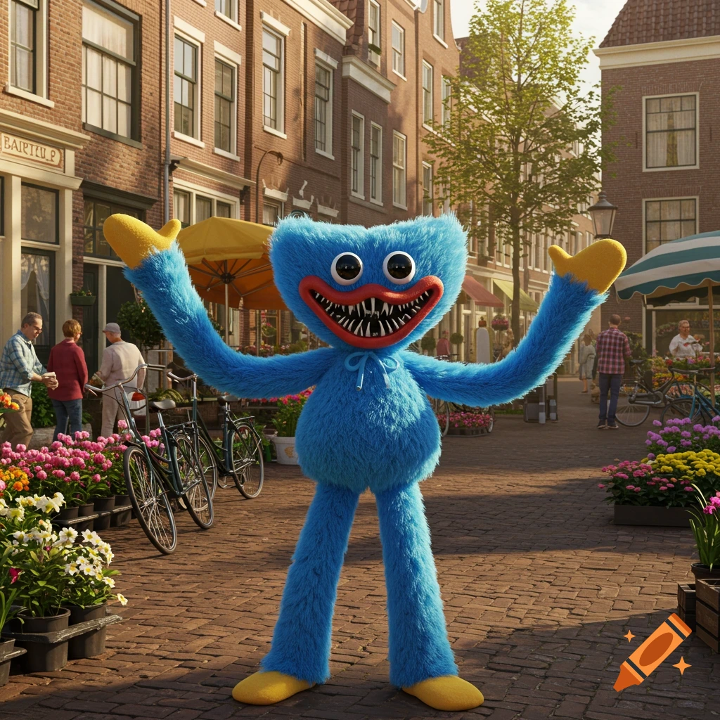 A photorealistic 3D render of a blue, furry Huggy Wuggy with wide arms on a European cobblestone street with flower stalls.