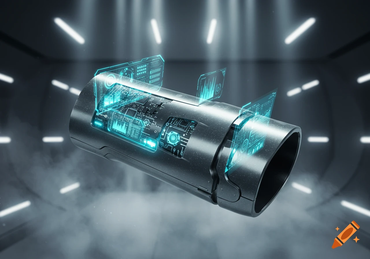 Futuristic cylindrical gadget with glowing blue holographic displays and internal circuitry, floating in a dark, hazy room.