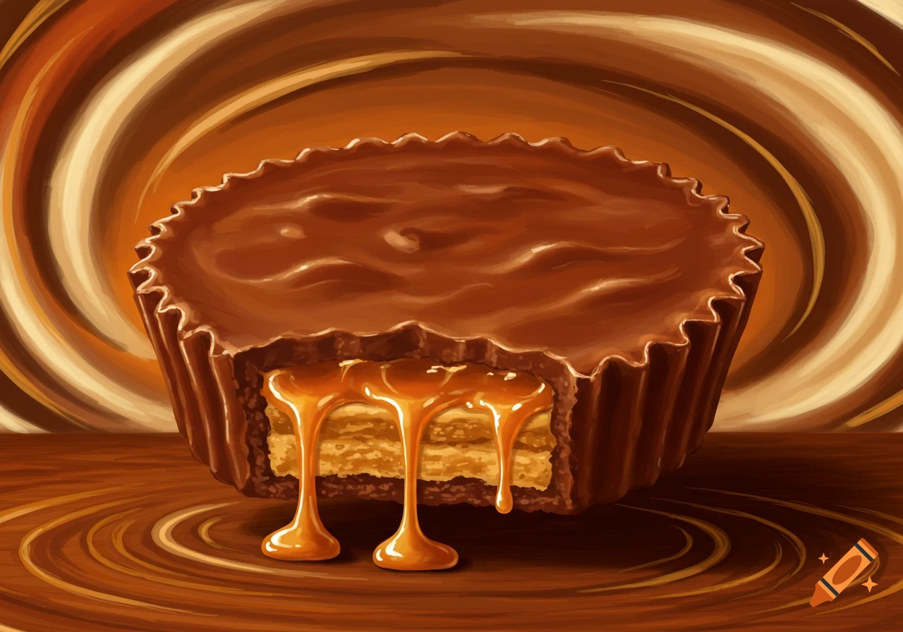 Illustration of a chocolate candy cup with a caramel center, dripping onto a swirled brown background.