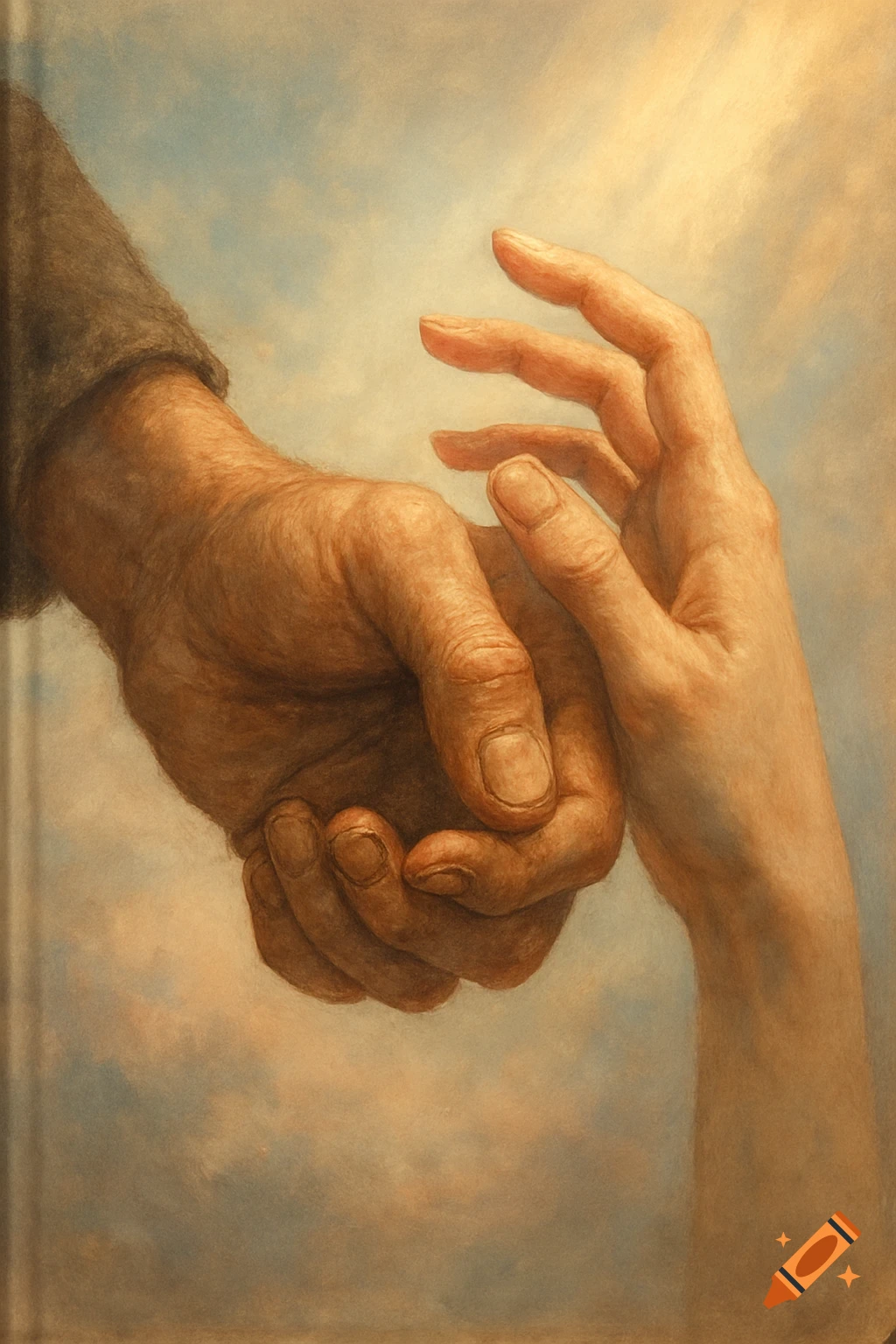 Painterly close-up of a large, rugged hand holding a smaller, delicate hand against a cloudy, light sky.