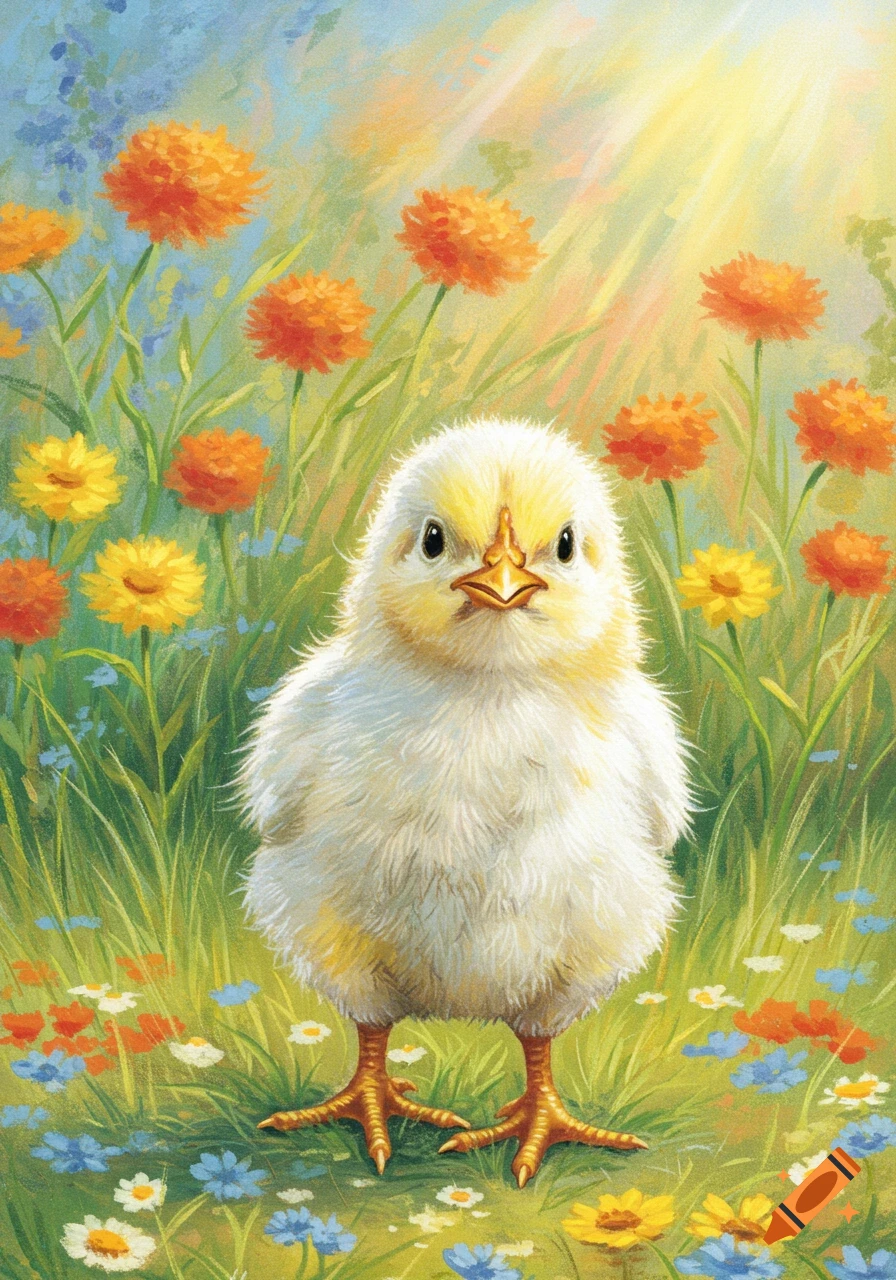 A soft pastel illustration of a fluffy yellow chick standing in a field of orange, yellow, and blue flowers under a warm sun.